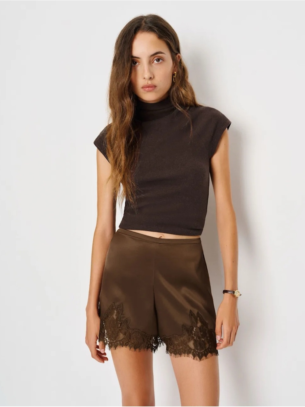 NWT Reformation Fern Satin Lace Shorts Pinecone Brown Small - Picture 10 of 11
